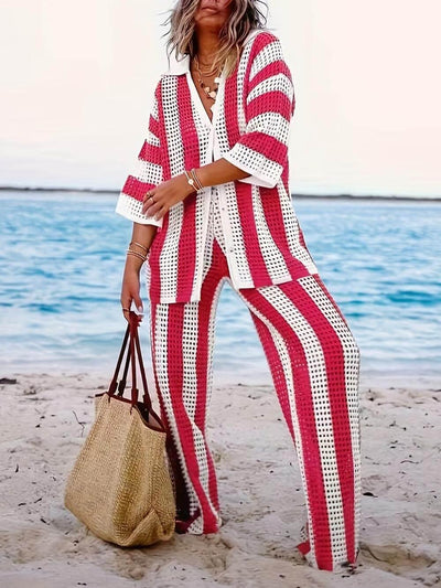 Loose V-Neck Fashion Hollow Out Striped Shirt Wide Leg Pants Set