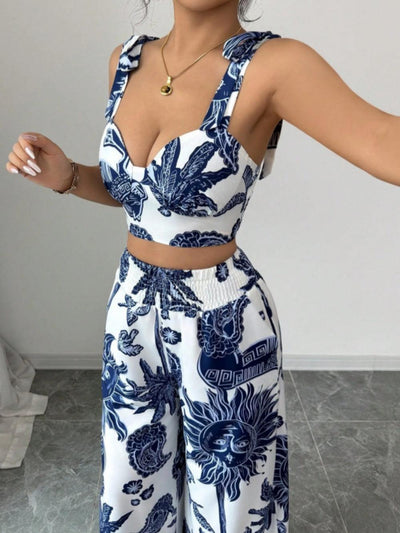 Printed V-neck top + loose wide-leg pants set