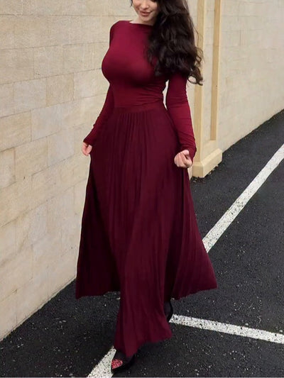 Brown long-sleeved top and pleated skirt set