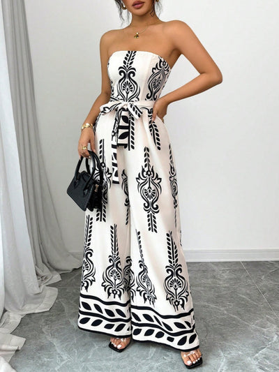 Printed wide-leg slim-fit lace-up jumpsuit