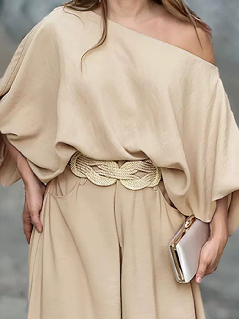 Off-shoulder lantern sleeve loose top and pants set