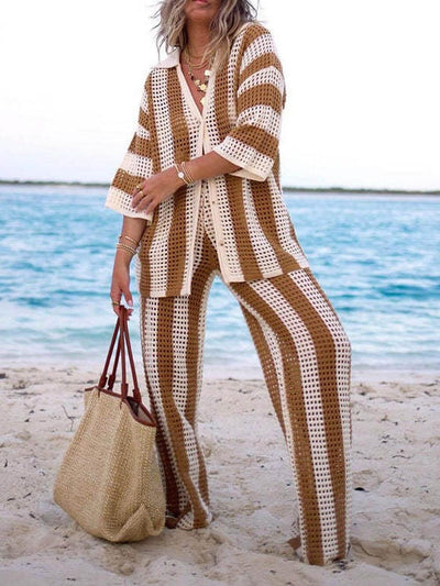 Loose V-Neck Fashion Hollow Out Striped Shirt Wide Leg Pants Set