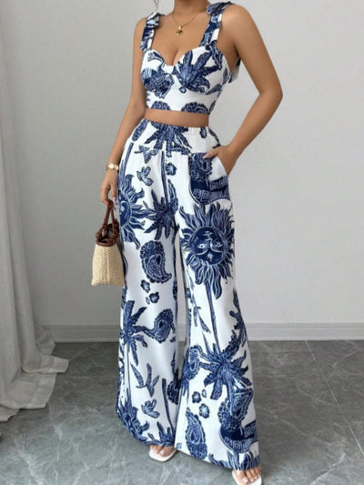 Printed V-neck top + loose wide-leg pants set
