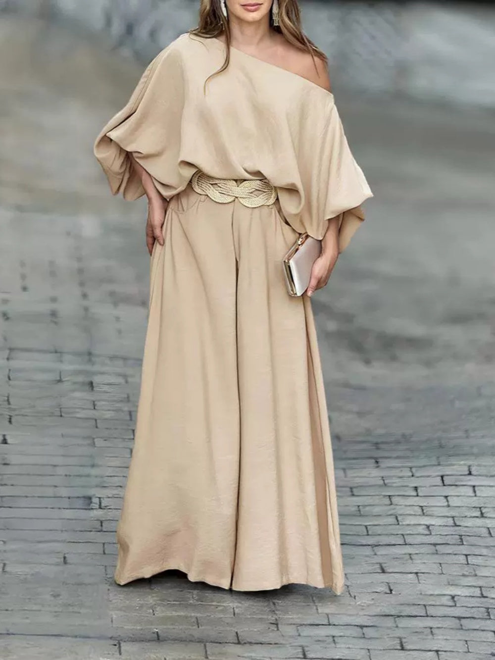 Off-shoulder lantern sleeve loose top and pants set