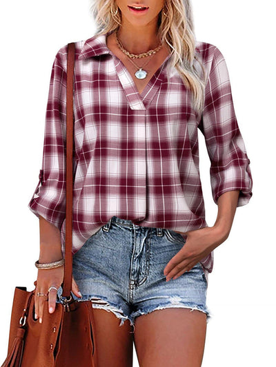 Pullover Lapel Loose Fit Women's Plaid Shirt