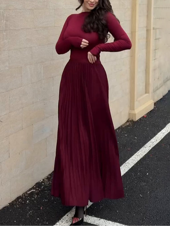 Brown long-sleeved top and pleated skirt set