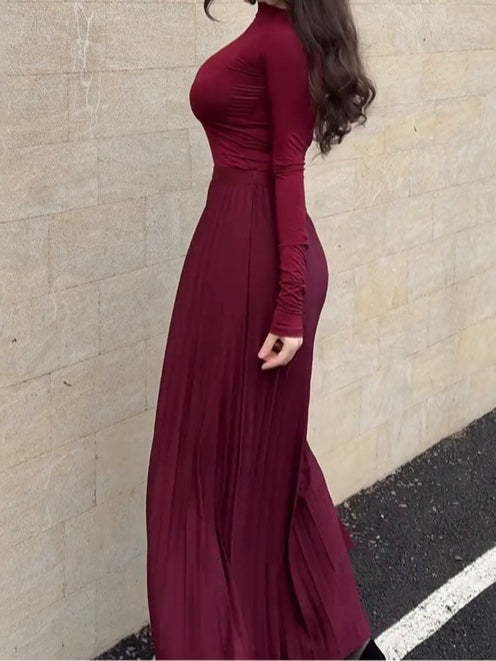 Brown long-sleeved top and pleated skirt set