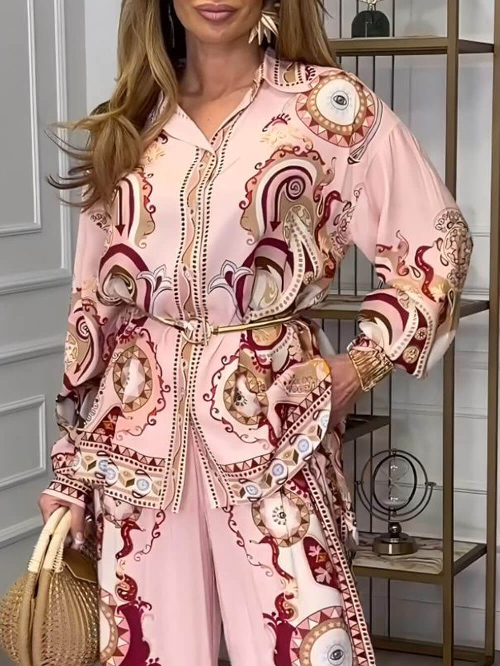 Graffiti print lapel shirt and trousers set