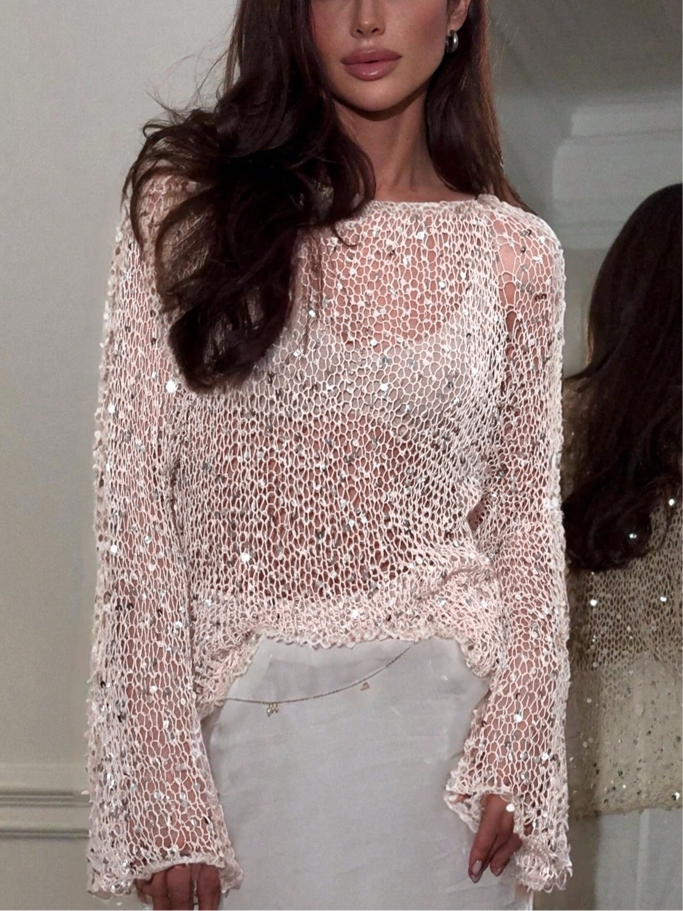 Sequined knitted hollow long-sleeved top