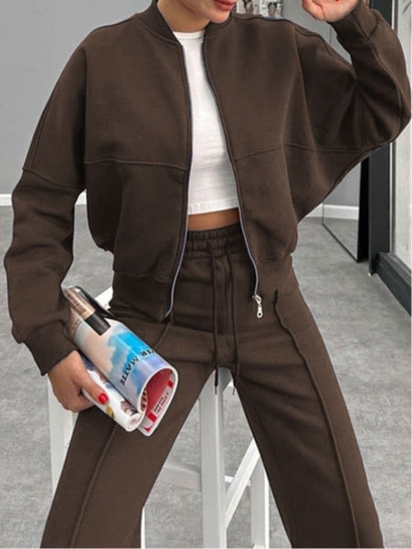 Women's zippered cardigan and straight pants suit