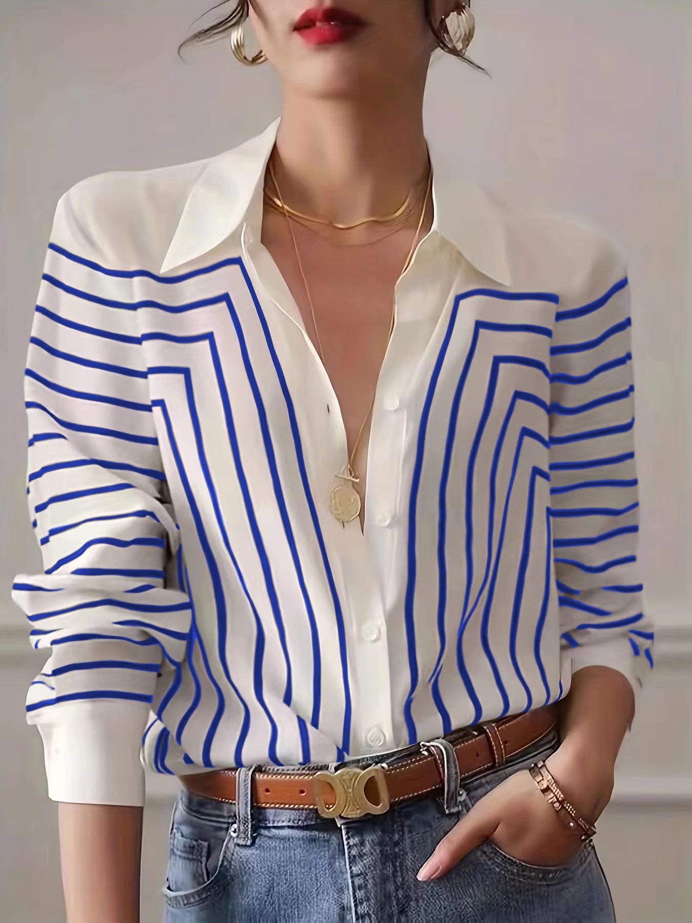Autumn women's striped long-sleeved shirt