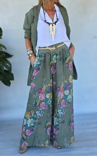 Green jacket and floral print wide-leg pants set