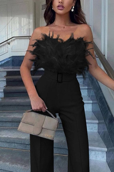 Feather Sexy Off Shoulder Sleeveless Slim Jumpsuit