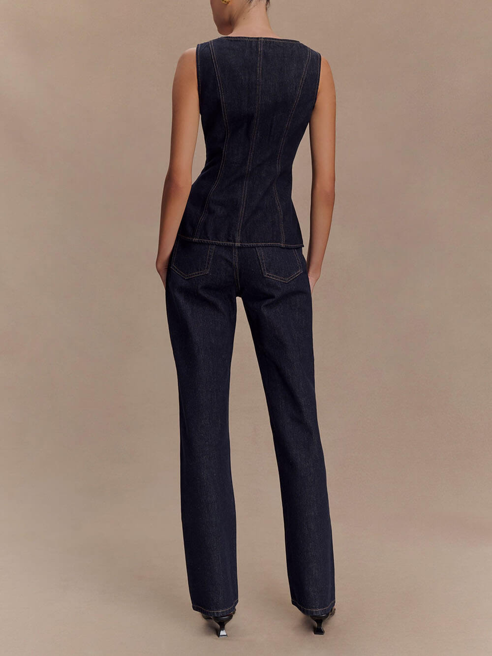 Unique Button-Down Denim Vest Top + Straight Jeans