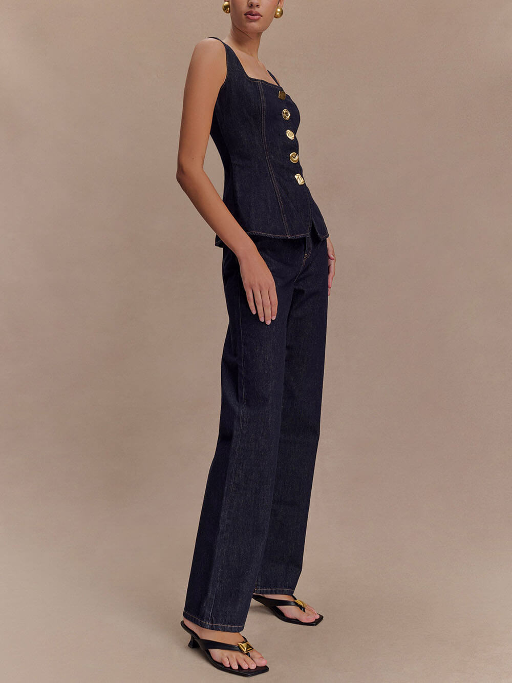 Unique Button-Down Denim Vest Top + Straight Jeans