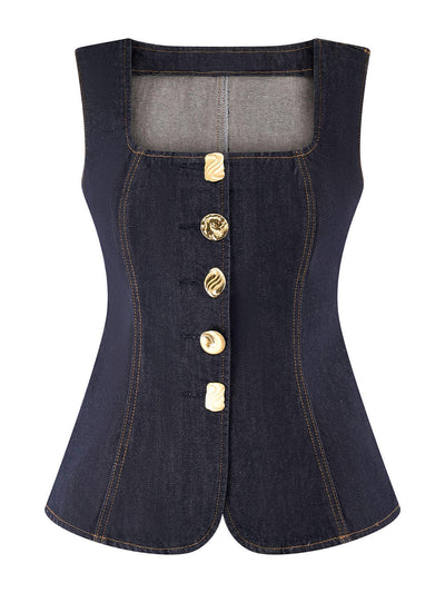 Unique Button-Down Denim Vest Top + Straight Jeans