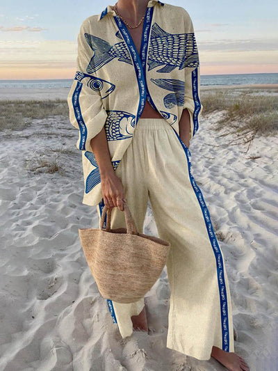 Ocean Print Oversized Shirt and Elastic Waist Pocket Pants Set