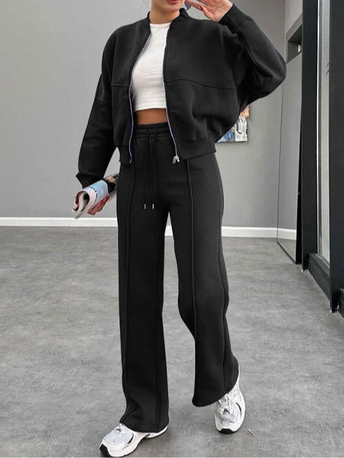 Women's zippered cardigan and straight pants suit