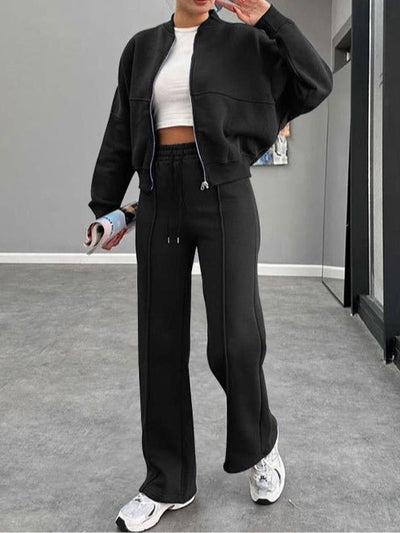 Women's zippered cardigan and straight pants suit