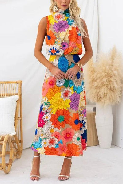 Sleeveless Tie Neck Waisted Floral Print Maxi Dress