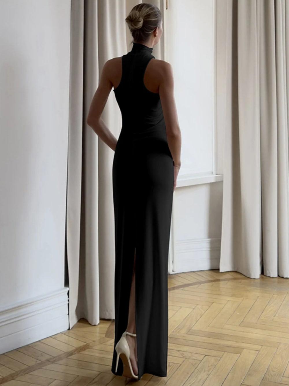 Halter Gold Turtleneck Maxi Dress