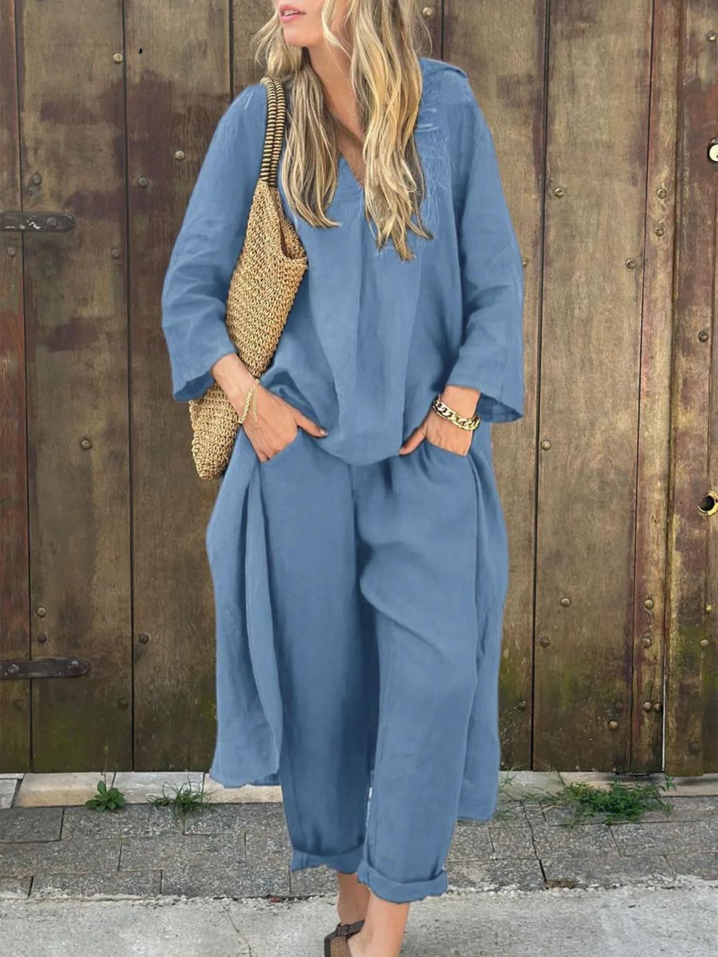 Linen Irregular Loose V-neck Top and High-Waisted Pocket Wide-leg Pants Set