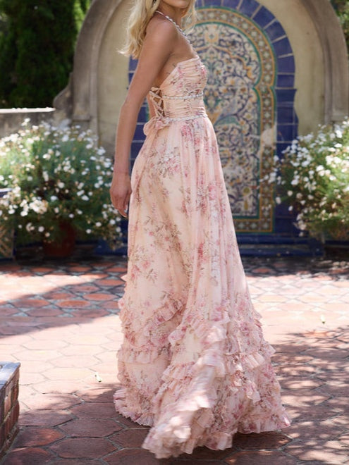Floral Faux Pearl Frill Split Maxi Dress