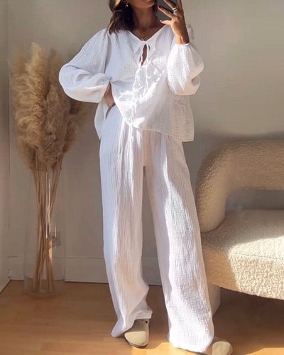 Casual Solid Color Lace-Up Top & Pants Two-Piece Set