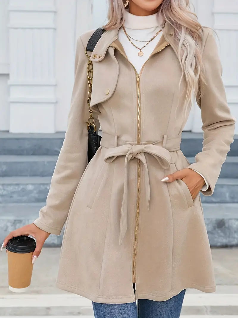 Mid-length coat with zipper stand-up collar and belt