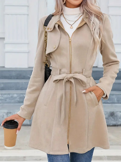 Mid-length coat with zipper stand-up collar and belt