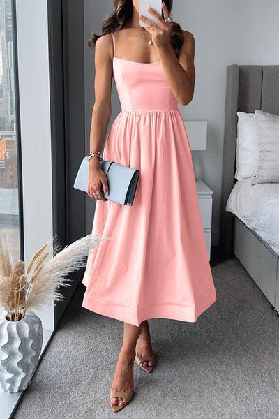 Spaghetti Strap Waisted A-line Midi Dress
