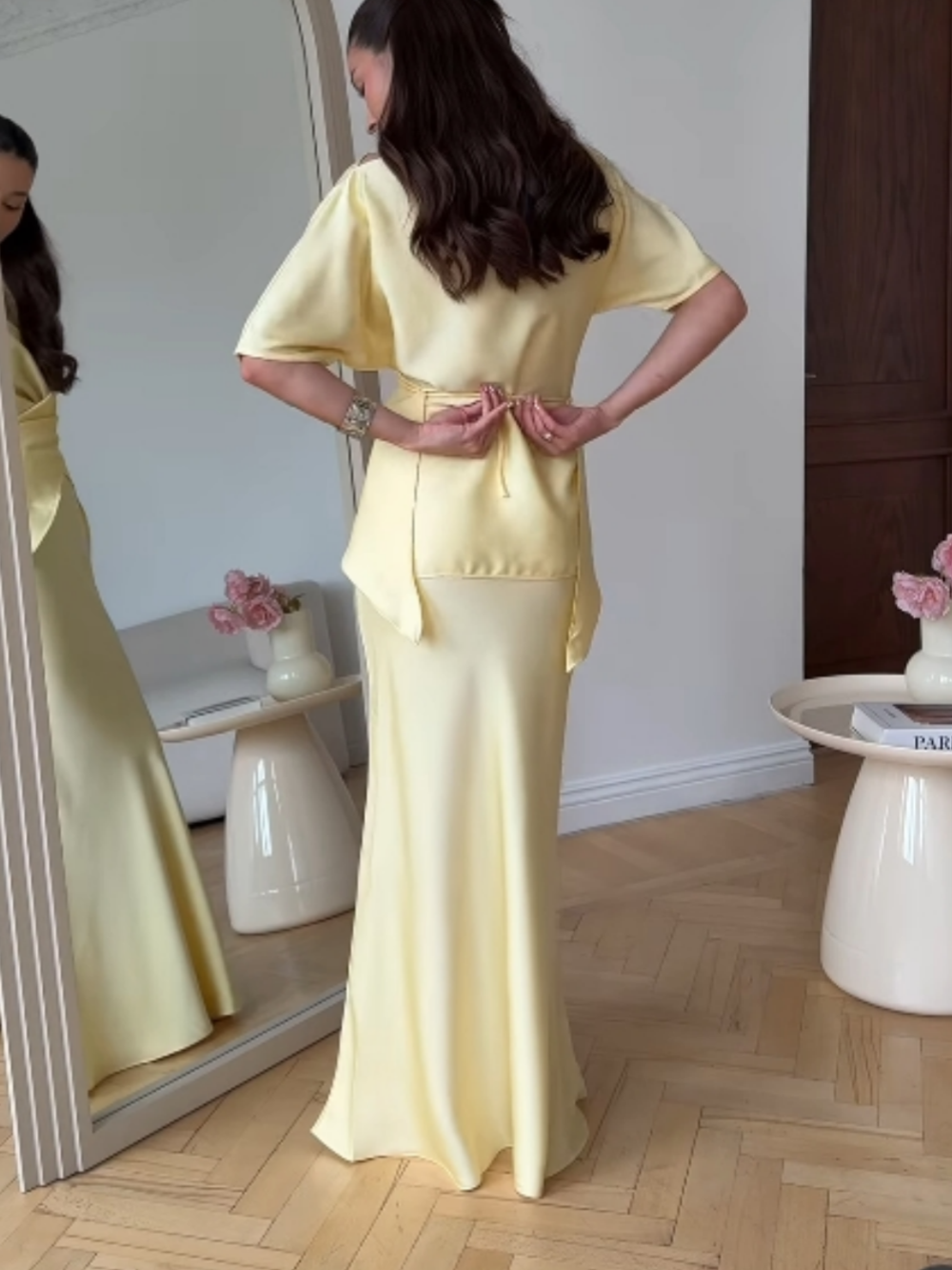 Off-shoulder tie top and skirt set