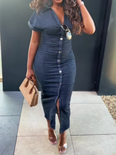 Elegant single-breasted slim-fit denim dress