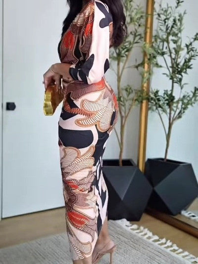 Vintage Baroque Long Sleeve Deep V Neck Bodycon Dress