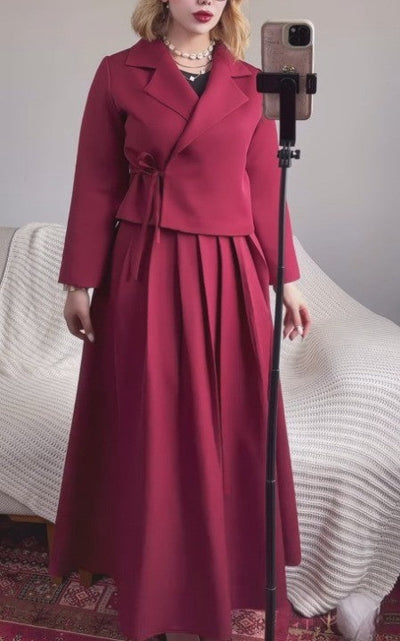 Lapel tie jacket and pleated skirt set