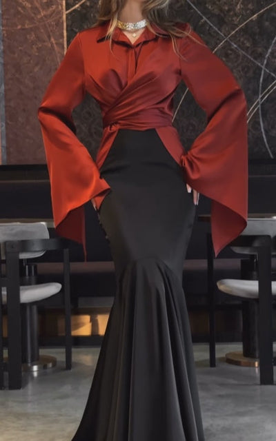 Cross-waist shirt and fishtail long skirt set