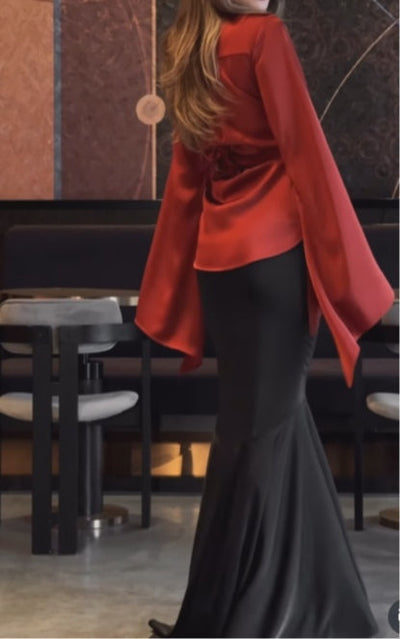 Cross-waist shirt and fishtail long skirt set
