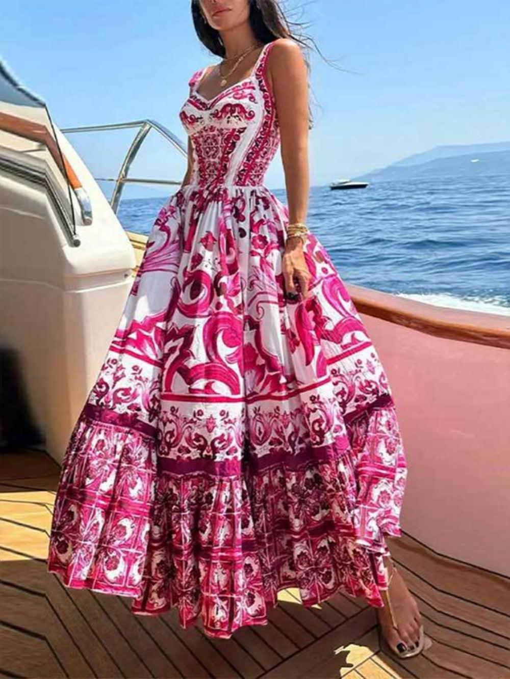 Printed Shirred Strap Maxi Dress