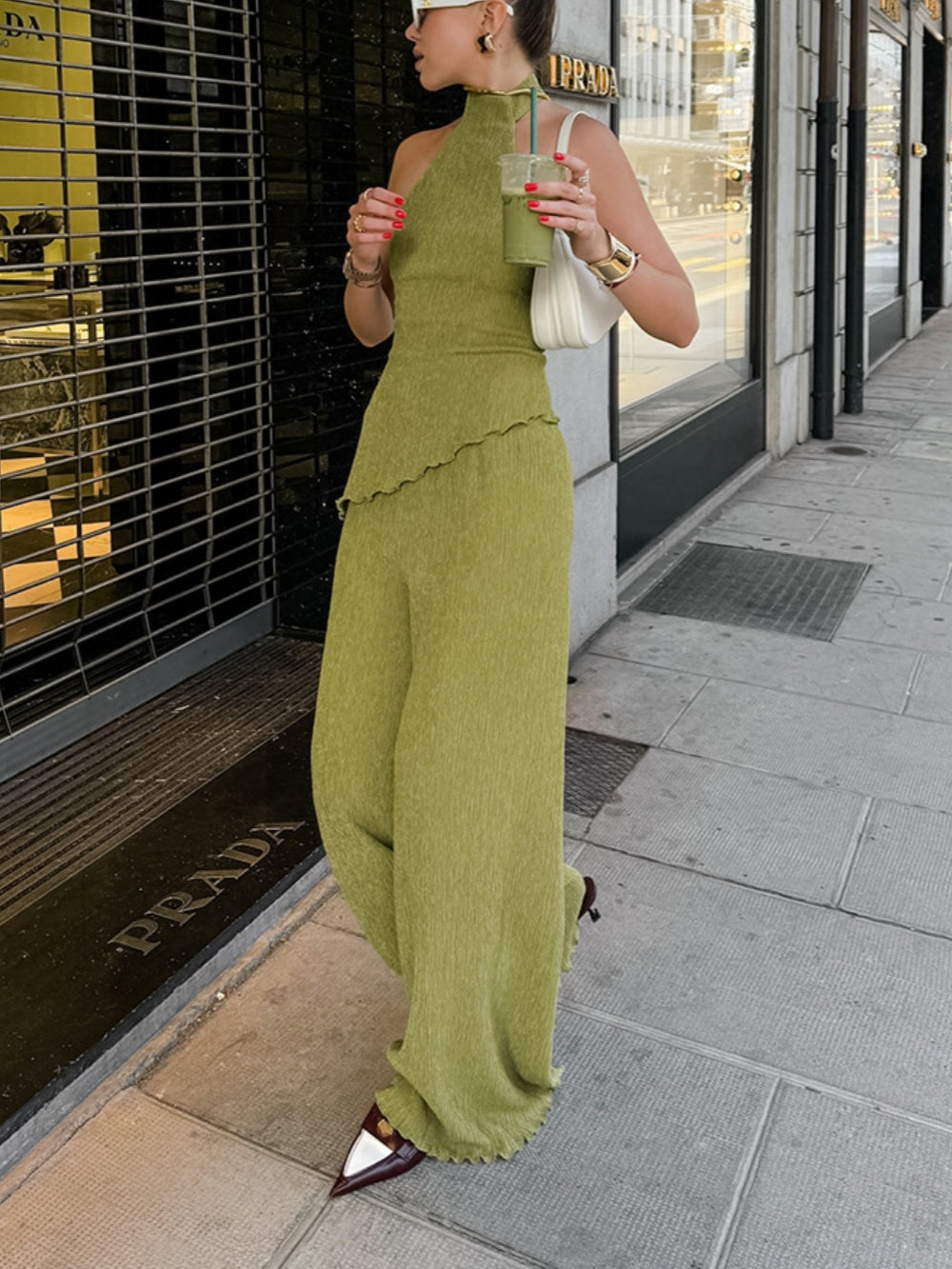 Halter neck pleated textured set