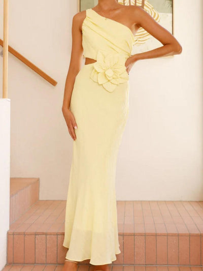 Solid color off-shoulder dress with 3D flowers