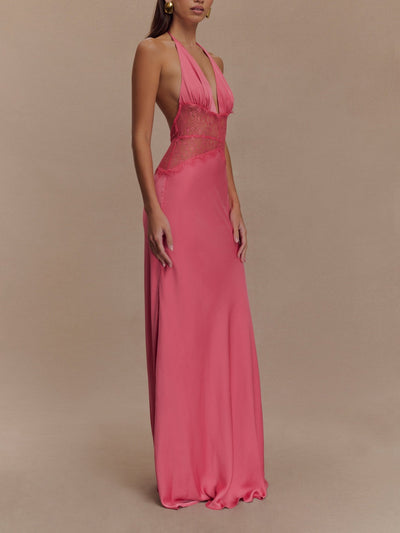 Deep V silk satin maxi dress with halterneck