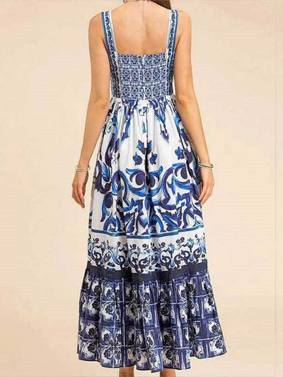 Printed Shirred Strap Maxi Dress