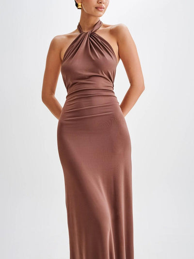 Slinky Halter Maxi Dress - Brown