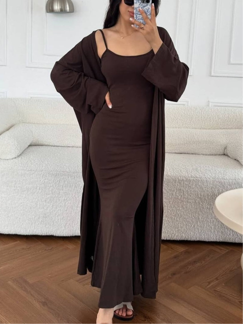Sleeveless suspender hip dress long cardigan set