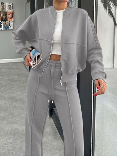 Women's zippered cardigan and straight pants suit