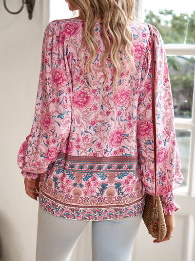 Holiday-style rayon printed lace-up long-sleeved shirt