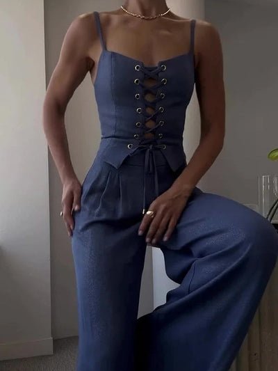 Linen Blend Tie Front Camisole Two-Piece Set