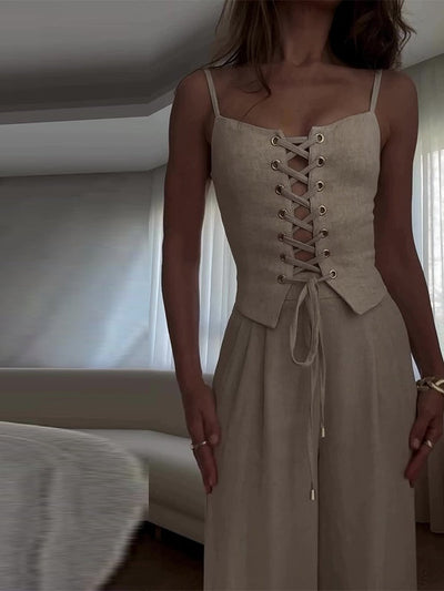 Linen Blend Tie Front Camisole Two-Piece Set