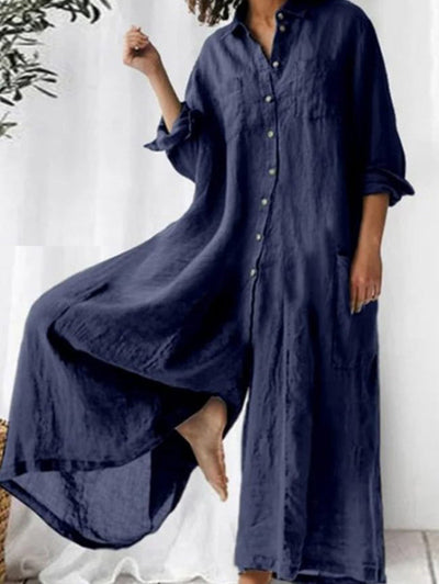Casual Plain Lapel Collar Single Breasted Wide Leg Jumpsuit
