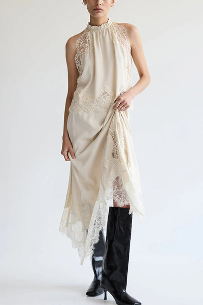 Lace Pleated Collar Top + Irregular Slit Skirt Set